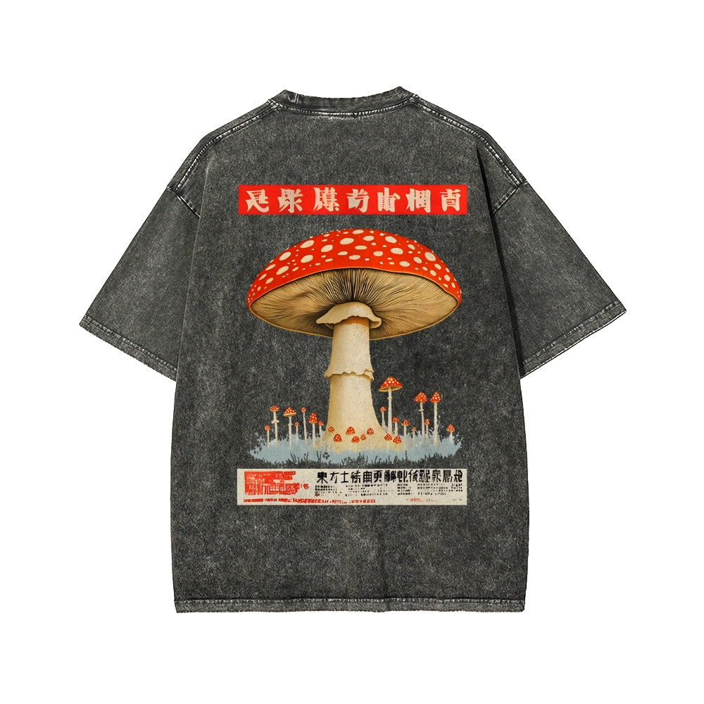Tokyo-Assassin Psychedelic Mushroom Front And Back Printing Washed T-shirt