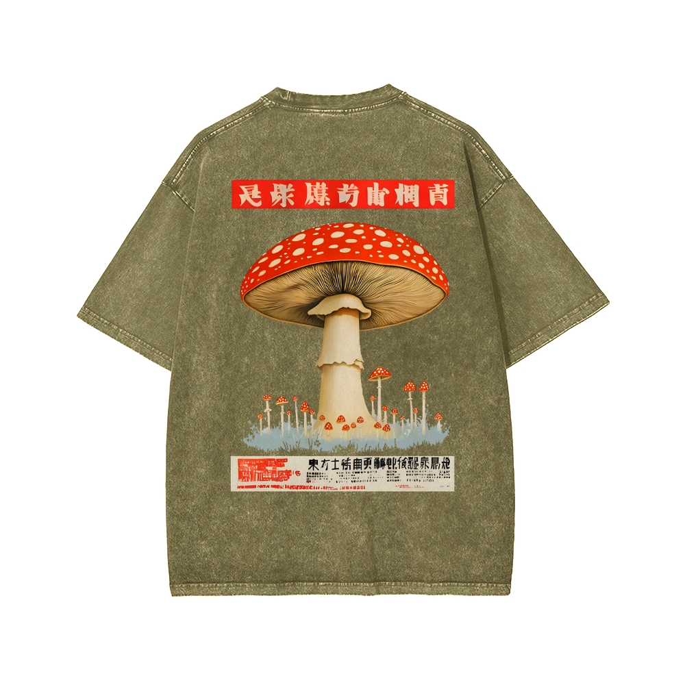 Tokyo-Assassin Psychedelic Mushroom Front And Back Printing Washed T-shirt