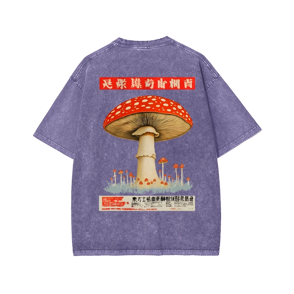 Tokyo-Assassin Psychedelic Mushroom Front And Back Printing Washed T-shirt