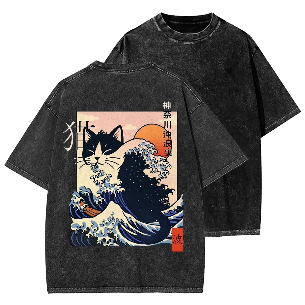 Kanagawa cat Front And Back Printing Washed T-shirt