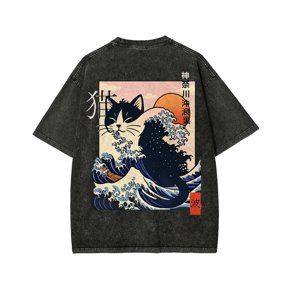 Kanagawa cat Front And Back Printing Washed T-shirt