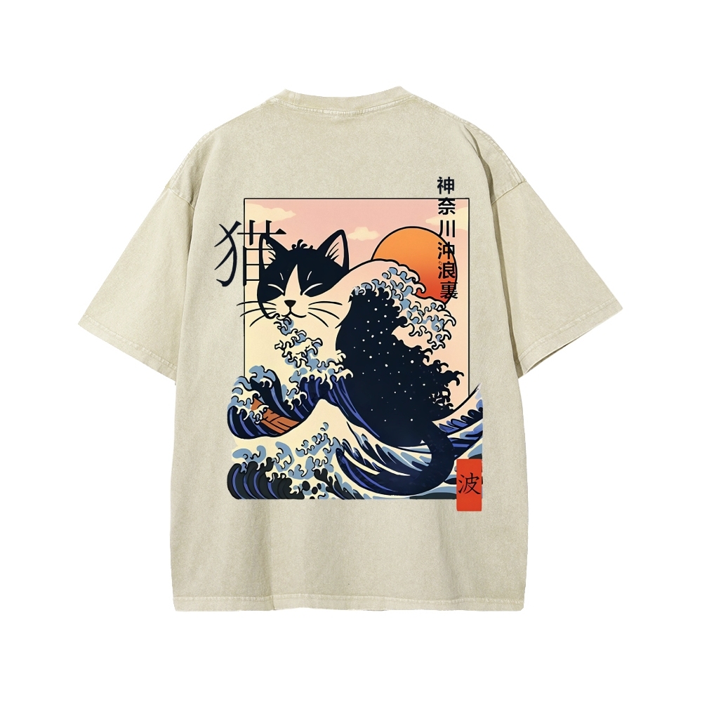 Kanagawa cat Front And Back Printing Washed T-shirt