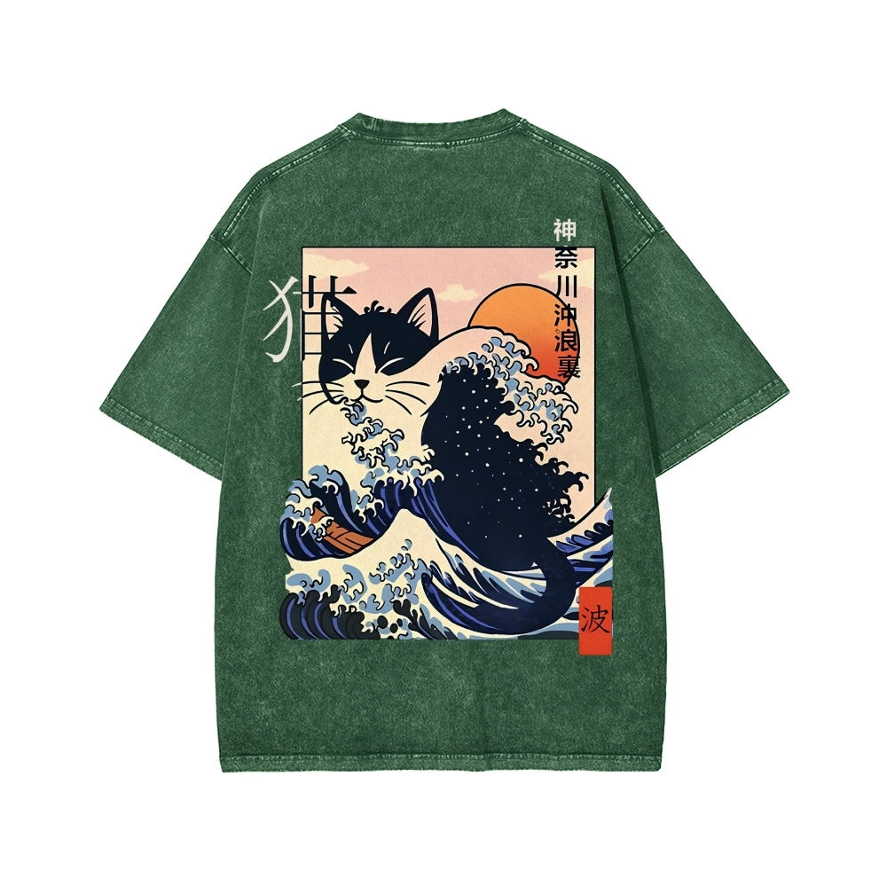 Kanagawa cat Front And Back Printing Washed T-shirt