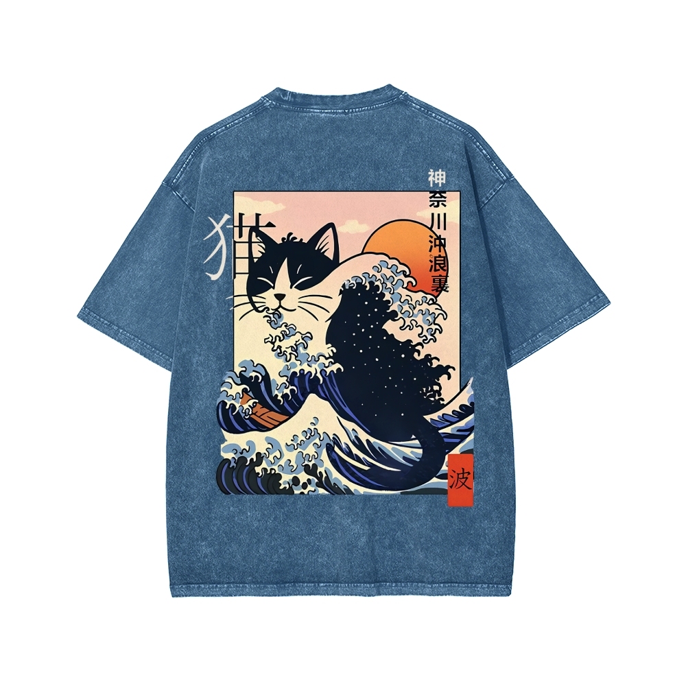 Kanagawa cat Front And Back Printing Washed T-shirt