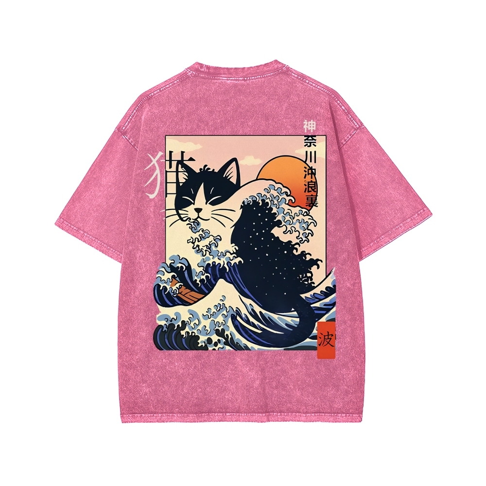 Kanagawa cat Front And Back Printing Washed T-shirt