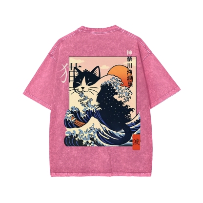 Kanagawa cat Front And Back Printing Washed T-shirt