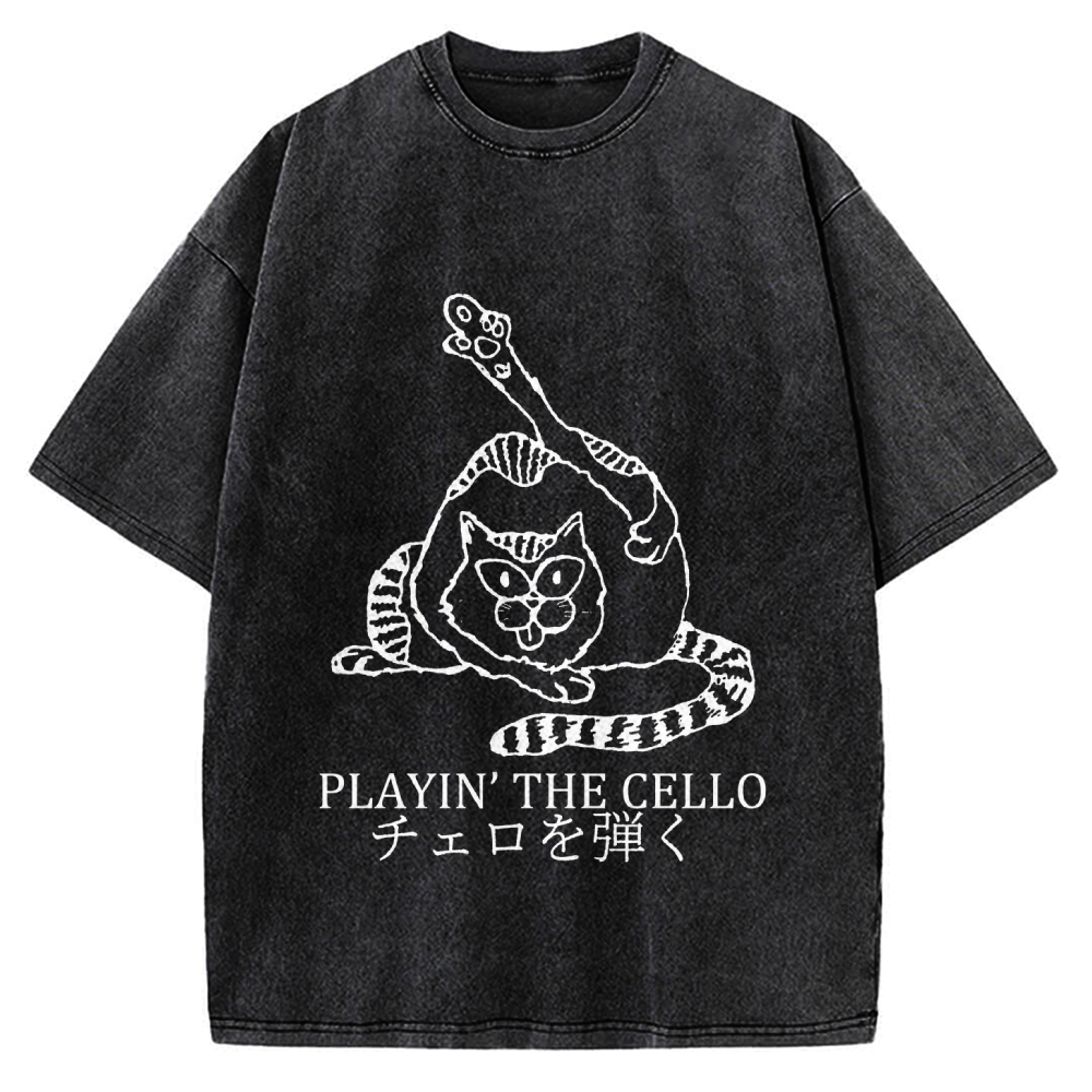 Cat Playing Cello Vintage Washed T-shirt