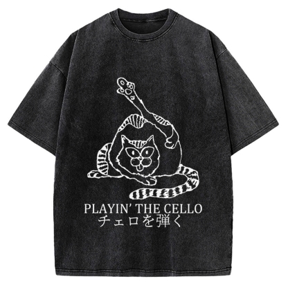 Cat Playing Cello Vintage Washed T-shirt