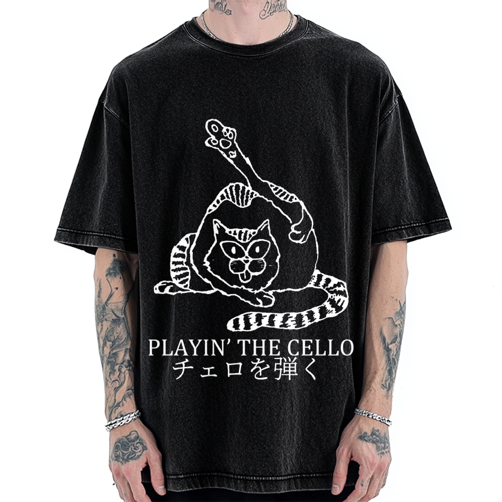 Cat Playing Cello Vintage Washed T-shirt