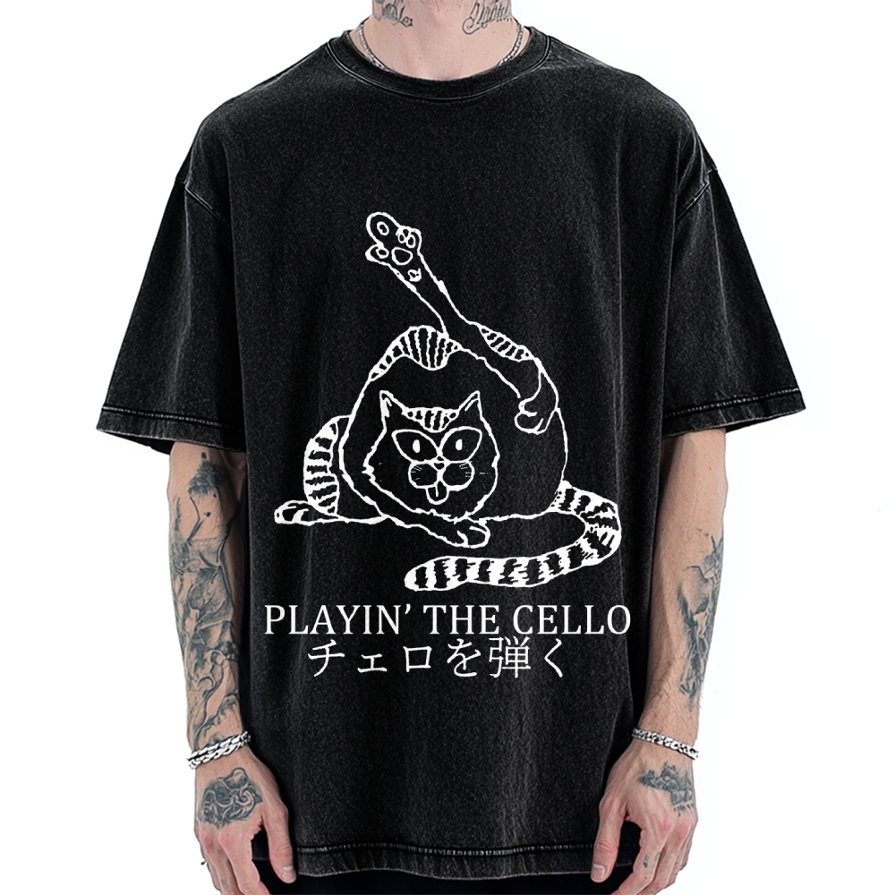 Cat Playing Cello Vintage Washed T-shirt