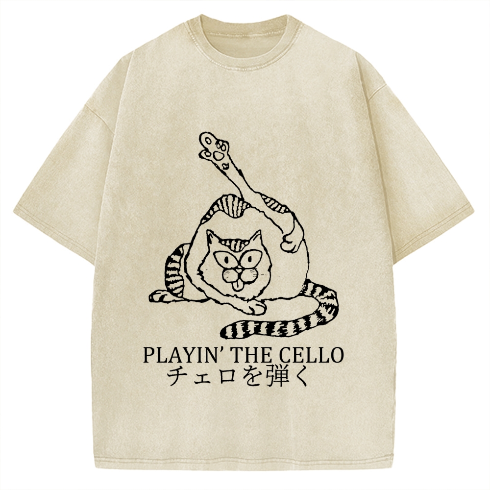 Cat Playing Cello Vintage Washed T-shirt