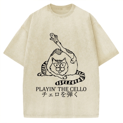 Cat Playing Cello Vintage Washed T-shirt