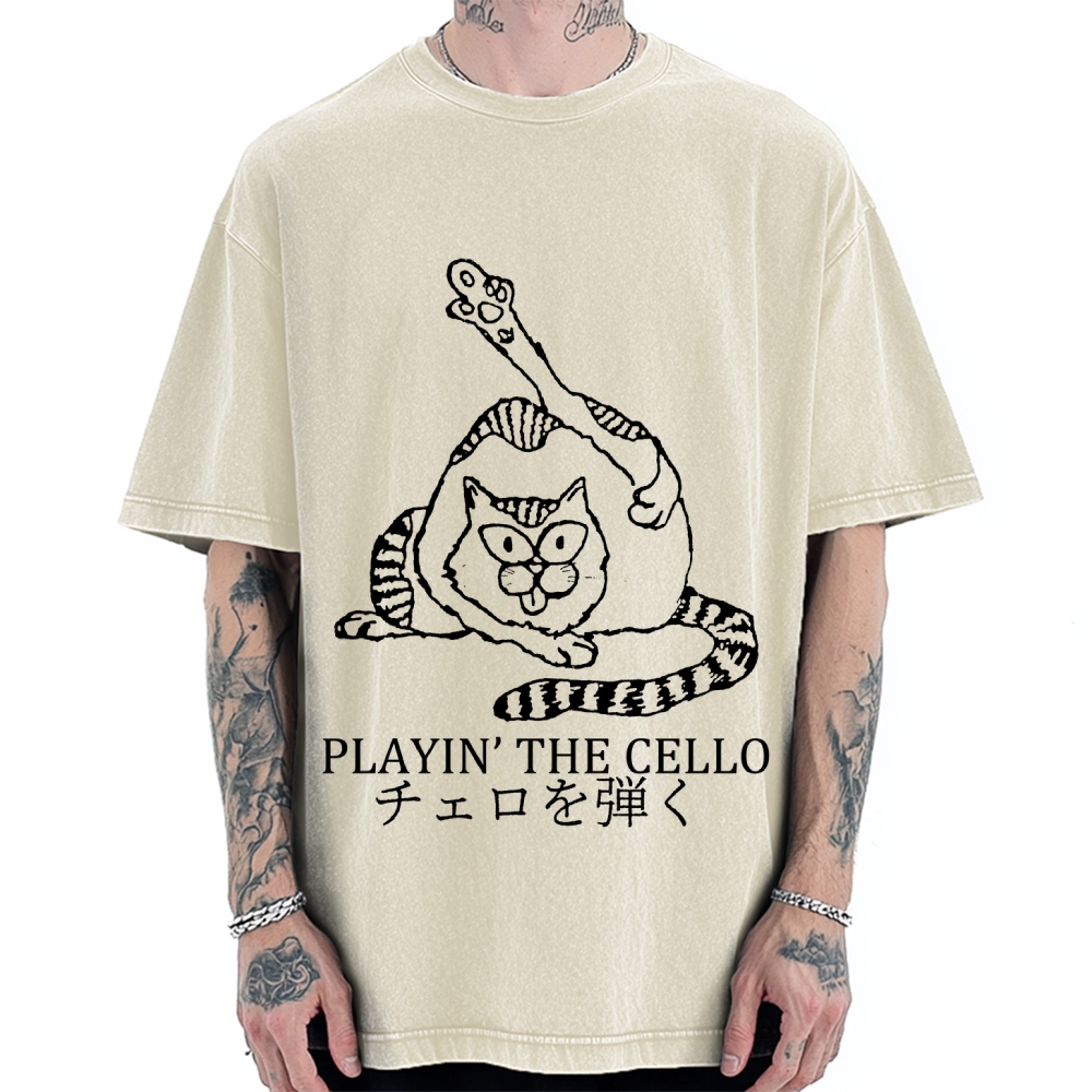 Cat Playing Cello Vintage Washed T-shirt