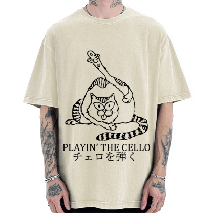 Cat Playing Cello Vintage Washed T-shirt