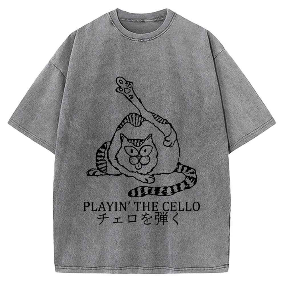 Cat Playing Cello Vintage Washed T-shirt