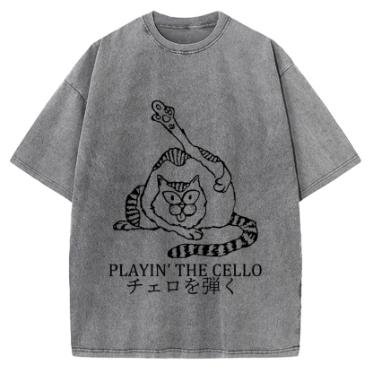 Cat Playing Cello Vintage Washed T-shirt