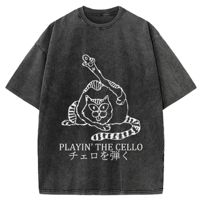 Cat Playing Cello Vintage Washed T-shirt