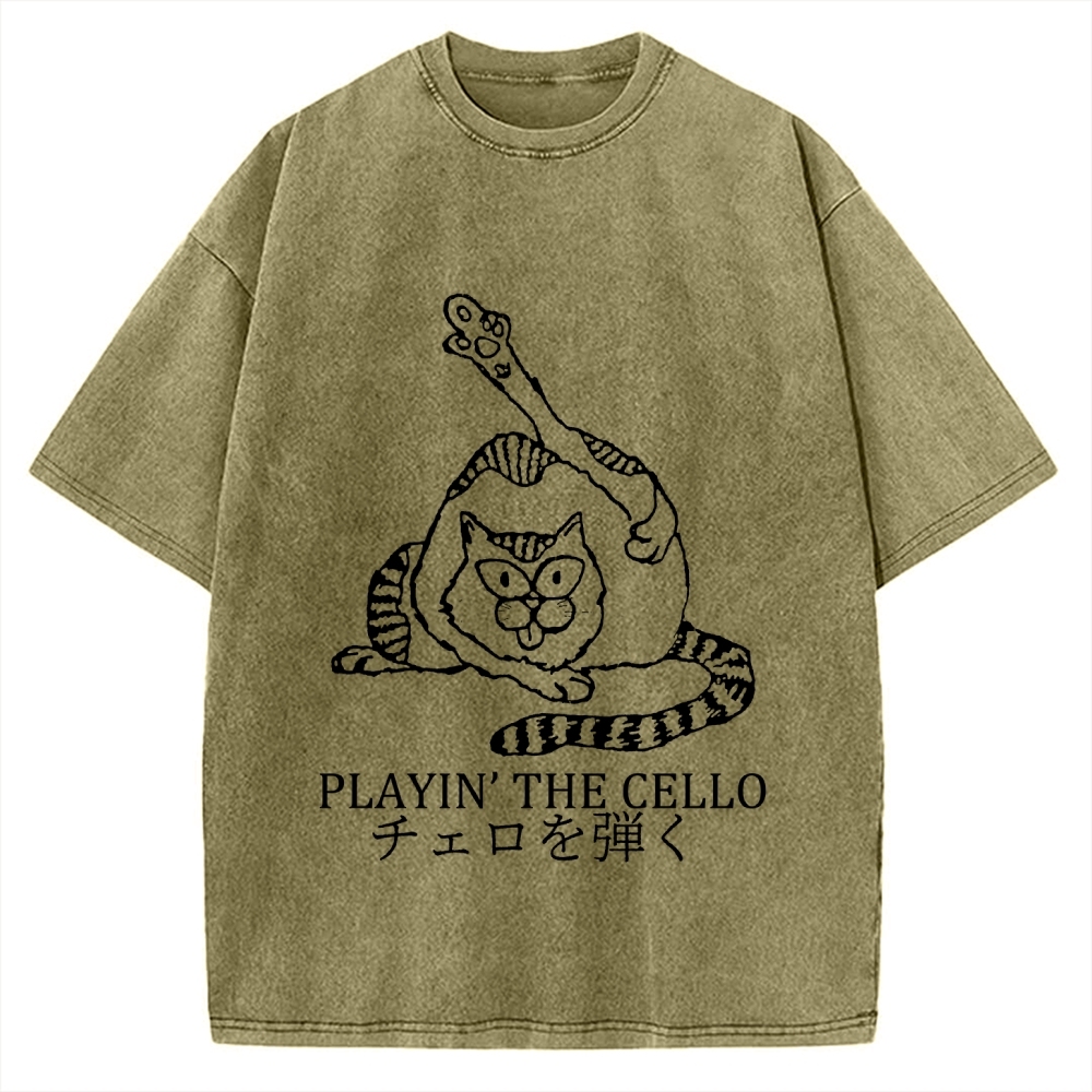 Cat Playing Cello Vintage Washed T-shirt