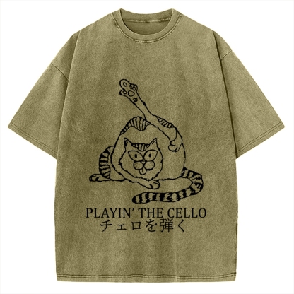Cat Playing Cello Vintage Washed T-shirt