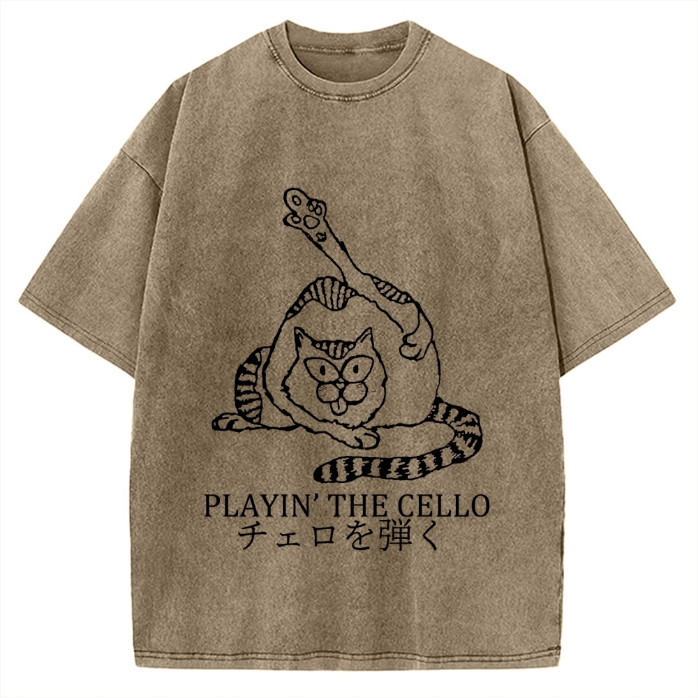 Cat Playing Cello Vintage Washed T-shirt