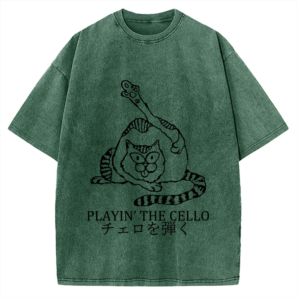 Cat Playing Cello Vintage Washed T-shirt