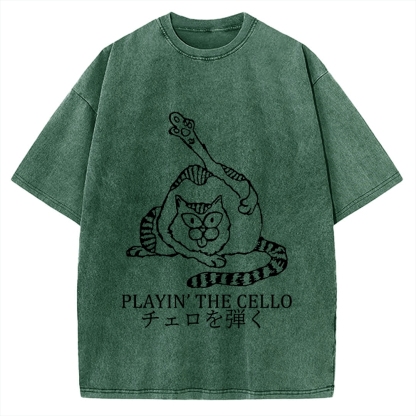 Cat Playing Cello Vintage Washed T-shirt
