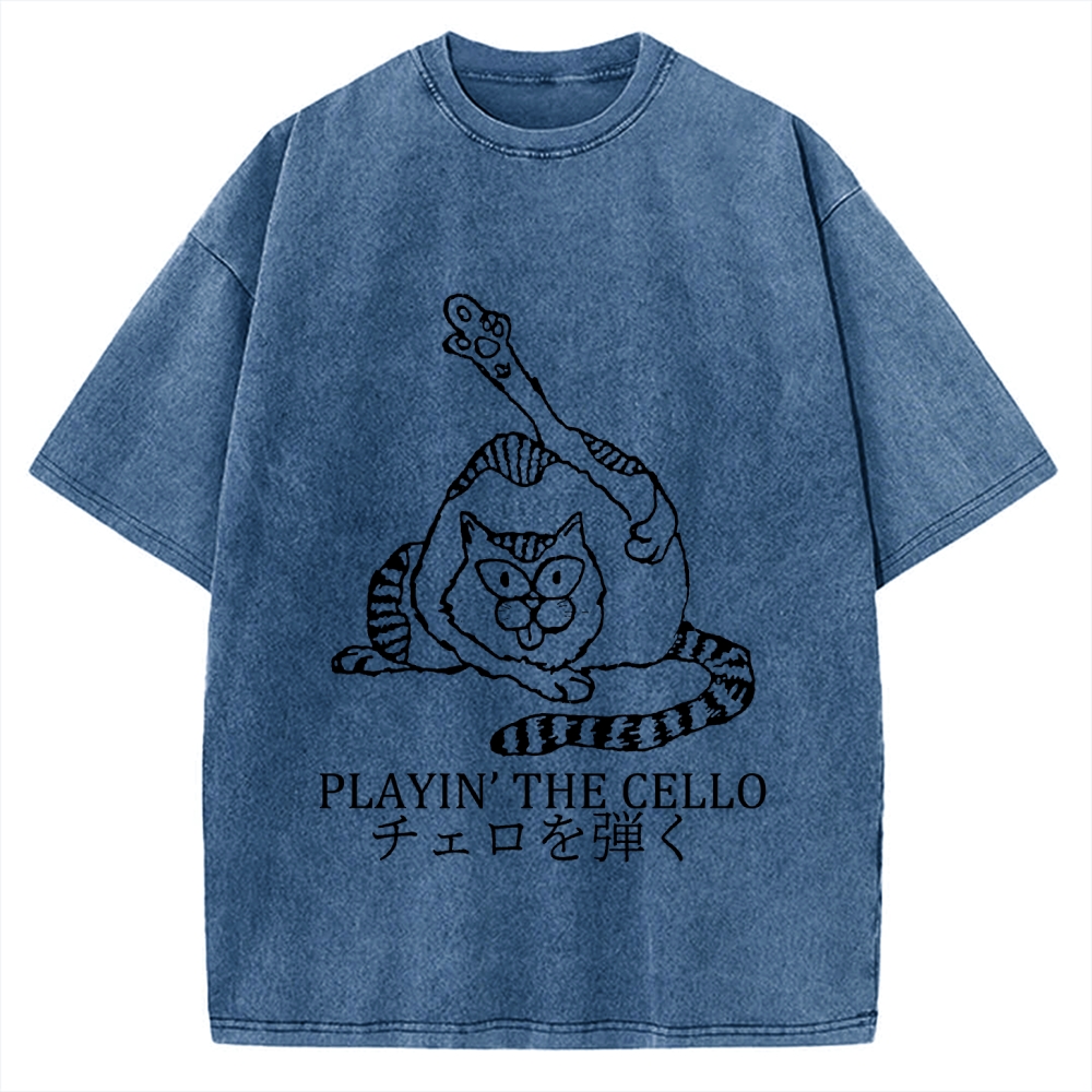 Cat Playing Cello Vintage Washed T-shirt