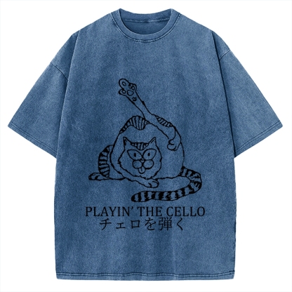 Cat Playing Cello Vintage Washed T-shirt