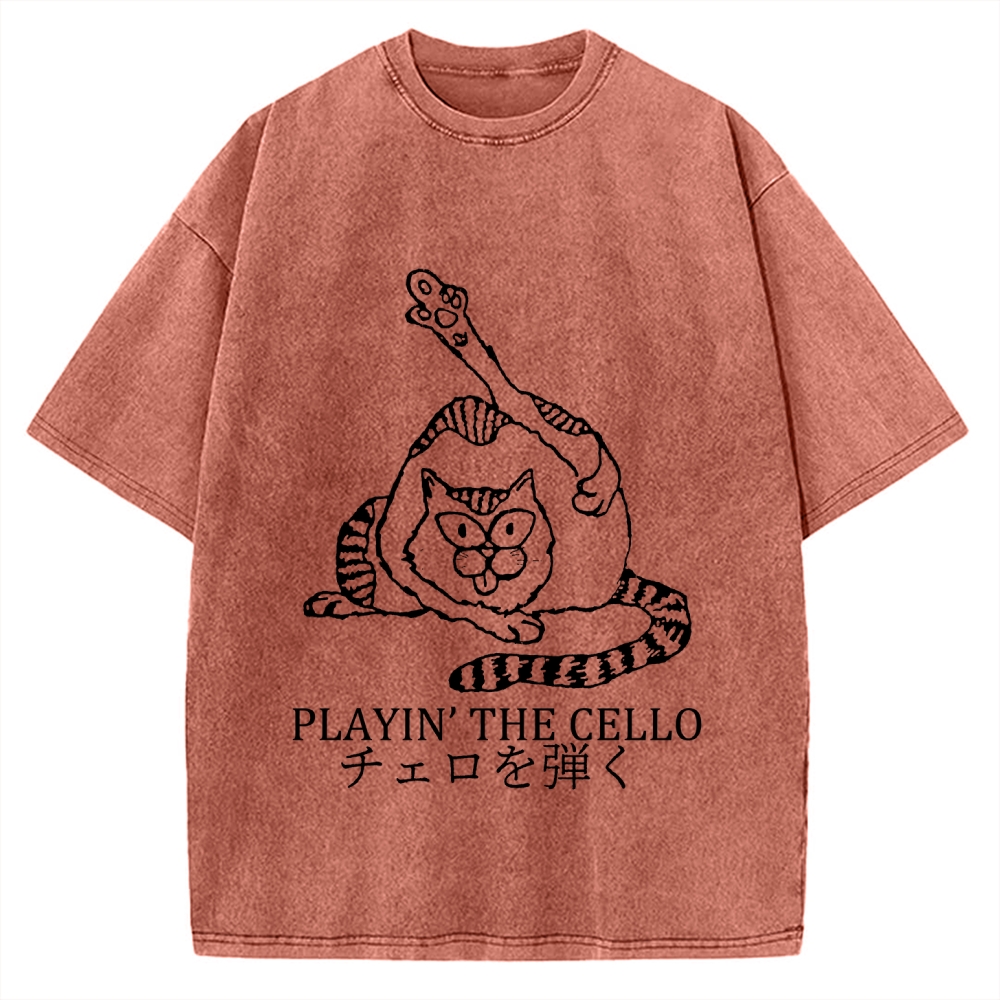Cat Playing Cello Vintage Washed T-shirt