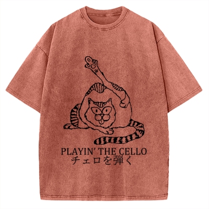 Cat Playing Cello Vintage Washed T-shirt