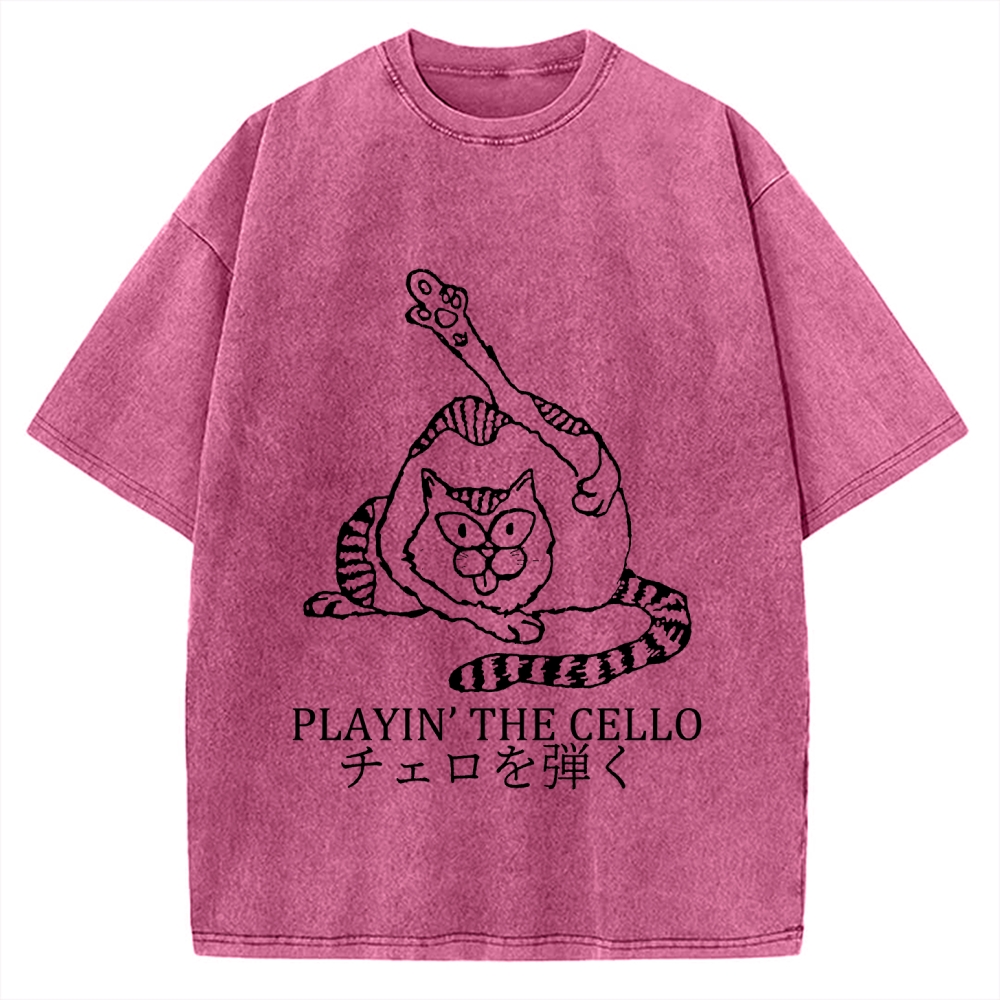 Cat Playing Cello Vintage Washed T-shirt