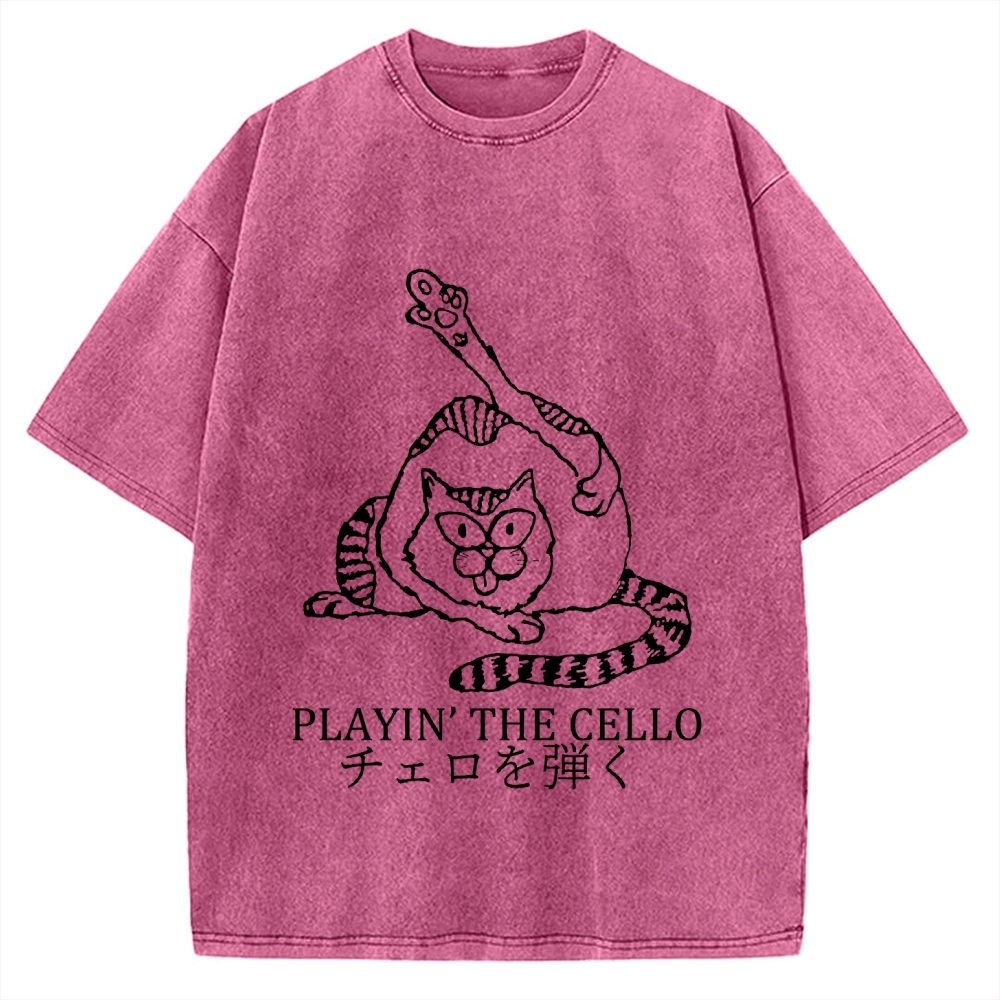 Cat Playing Cello Vintage Washed T-shirt