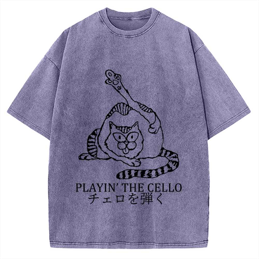 Cat Playing Cello Vintage Washed T-shirt