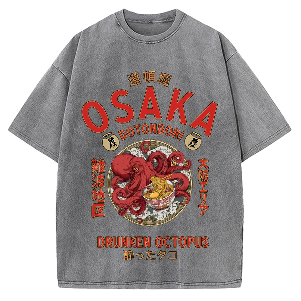 Osaka Drunken Octopus Eating Ramen Vintage Washed T-shirt