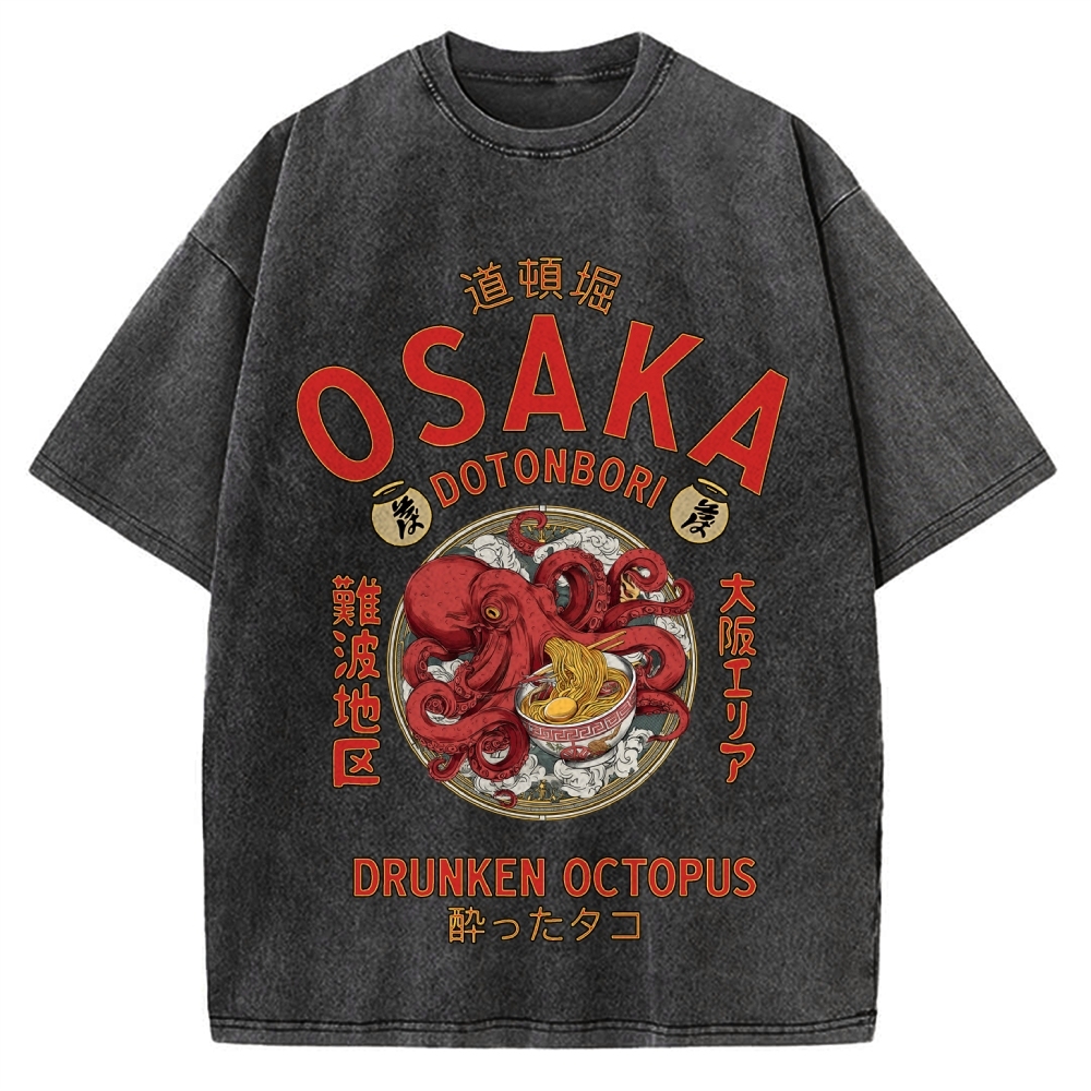 Osaka Drunken Octopus Eating Ramen Vintage Washed T-shirt