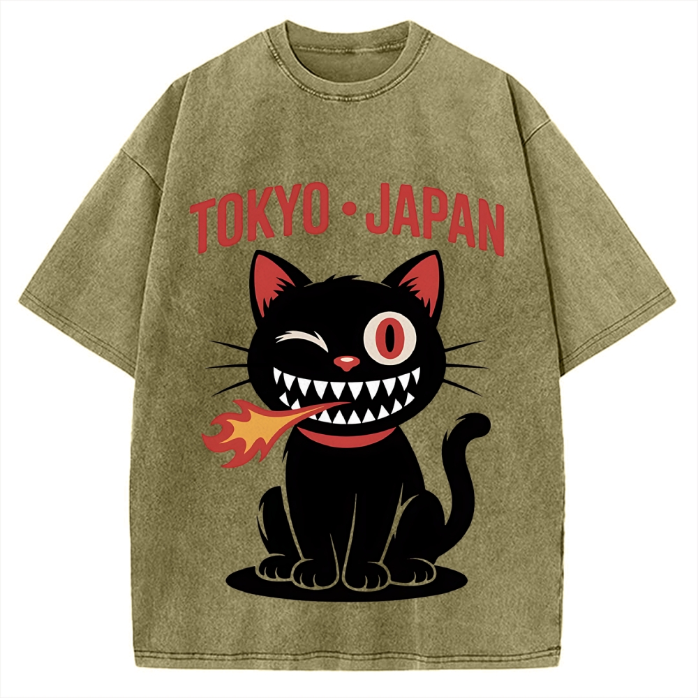 Tokyo Flame Cat Japan Vintage Washed T-shirt