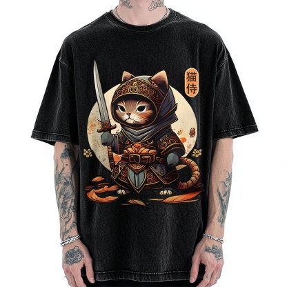 Samurai Cat Vintage Washed T-shirt