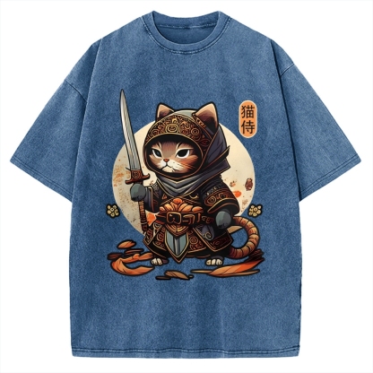 Samurai Cat Vintage Washed T-shirt