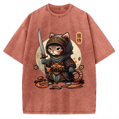 Samurai Cat Vintage Washed T-shirt