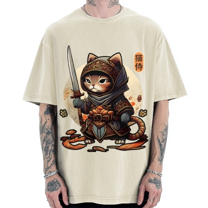 Samurai Cat Vintage Washed T-shirt