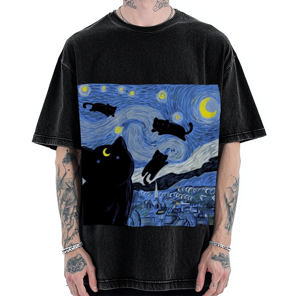 he Starry Night And Cat Vintage Washed T-shirt