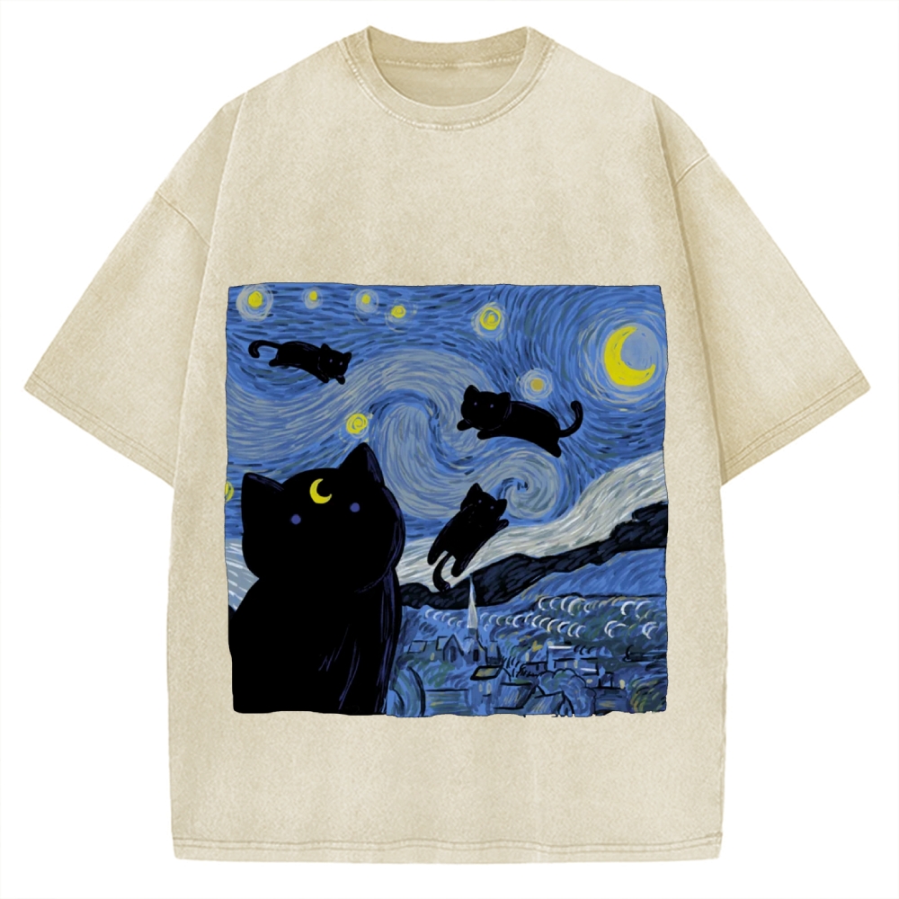he Starry Night And Cat Vintage Washed T-shirt