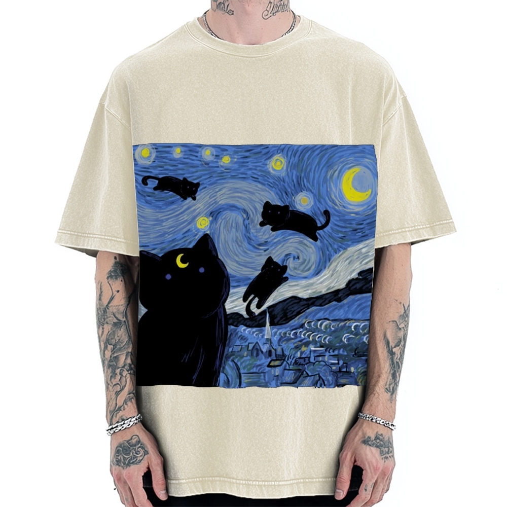 he Starry Night And Cat Vintage Washed T-shirt
