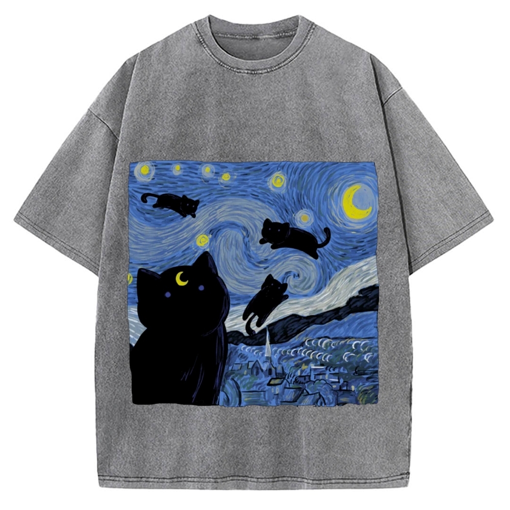 he Starry Night And Cat Vintage Washed T-shirt