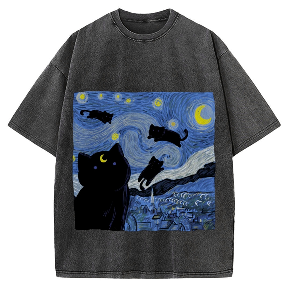 he Starry Night And Cat Vintage Washed T-shirt