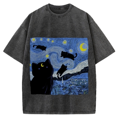 he Starry Night And Cat Vintage Washed T-shirt