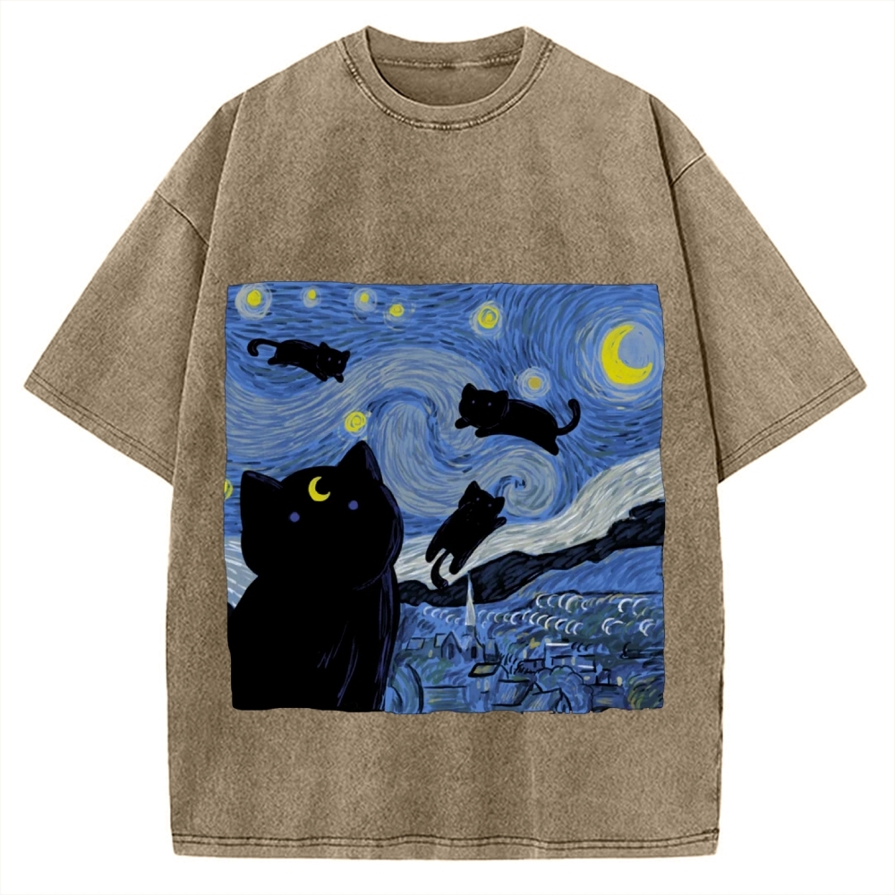 he Starry Night And Cat Vintage Washed T-shirt