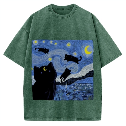 he Starry Night And Cat Vintage Washed T-shirt