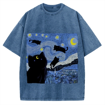 he Starry Night And Cat Vintage Washed T-shirt