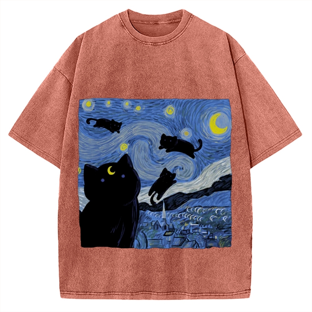 he Starry Night And Cat Vintage Washed T-shirt